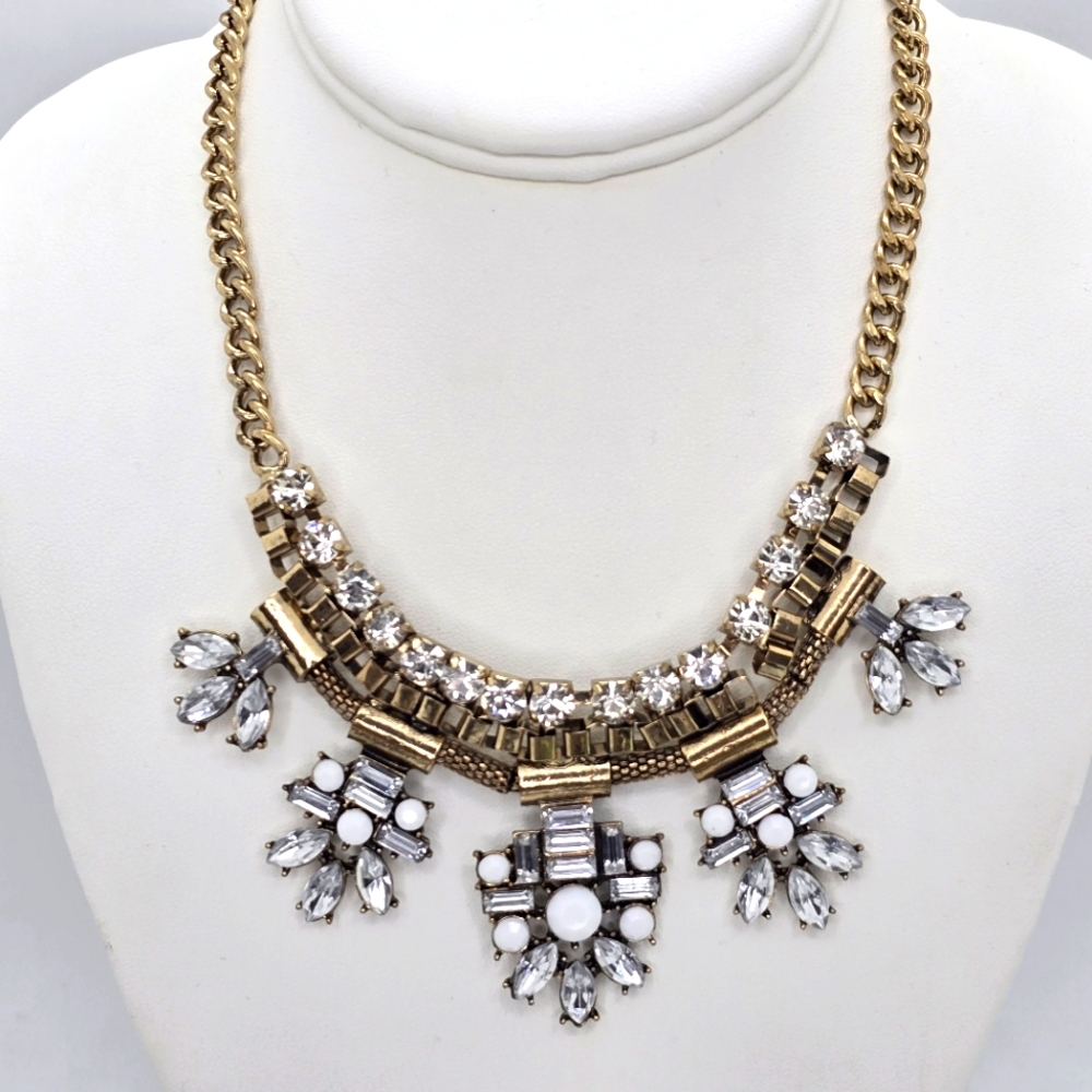 Bay Sky Statement Necklace Milkglass and Clear Rhinestones Gold Tone